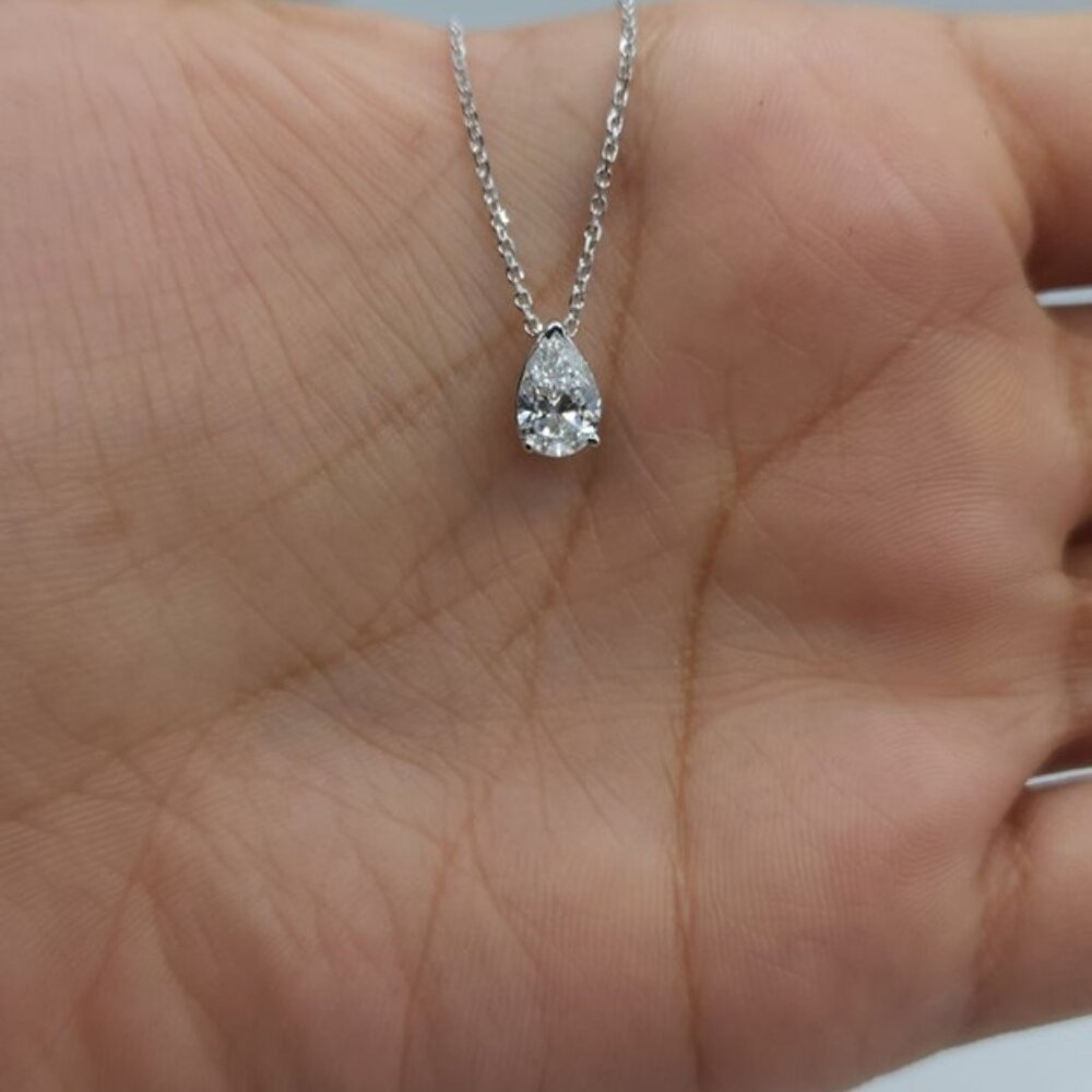 14K Gold 1 Ct Lab Grown Diamond Teardrop Diamond Solitaire Pendant Necklace